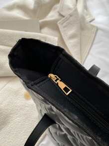 衍縫細節單肩托特包 - 黑色 - 查看 3