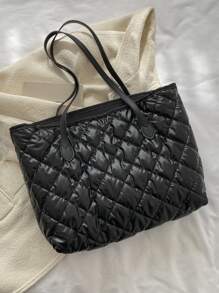 衍縫細節單肩托特包 - 黑色 - 查看 5