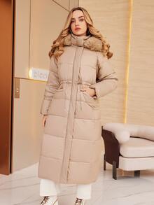 ZIAI Zip Up Fuzzy Hooded Padded Coat - Camel - View 4