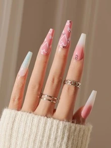 Trở nên quyến rũ với 24 móng tay giả hình trái tim đính đá ombre màu hồng quan tài dài & 1 tờ băng dính & 1 giũa móng tay, dụng cụ làm móng - Nhiều màu - Xem 1