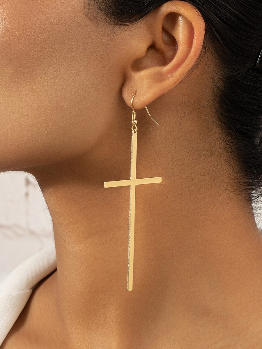 十字架吊墜耳環 - 金黃色 - 查看 1