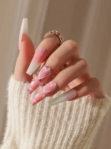 Trở nên quyến rũ với 24 móng tay giả hình trái tim đính đá ombre màu hồng quan tài dài & 1 tờ băng dính & 1 giũa móng tay, dụng cụ làm móng - Nhiều màu - Xem 2