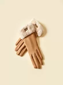 Letter Label Decor Contrast Fluffy Gloves - Khaki - View 1