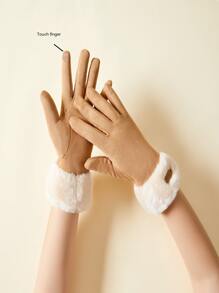 Letter Label Decor Contrast Fluffy Gloves - Khaki - View 2