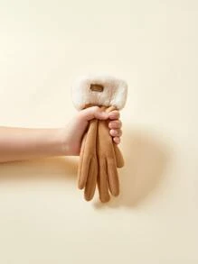 Letter Label Decor Contrast Fluffy Gloves - Khaki - View 3