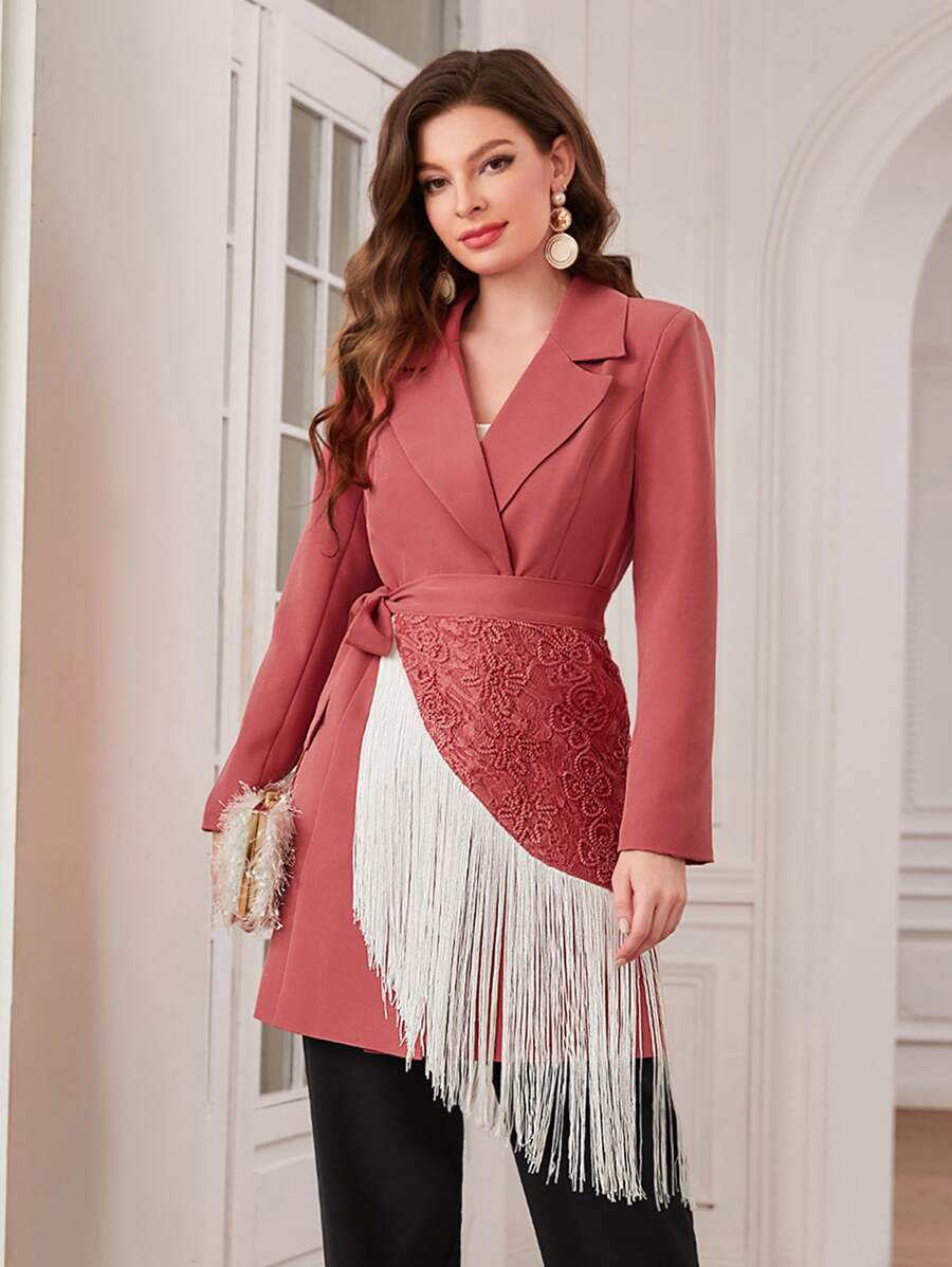 Modelyn Colourblock Fringe Trim Wrap Belted Blazer - Watermelon Pink - View 1