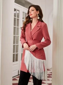 Modelyn Colourblock Fringe Trim Wrap Belted Blazer - Watermelon Pink - View 4