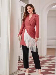Modelyn Colourblock Fringe Trim Wrap Belted Blazer - Watermelon Pink - View 6