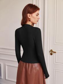 BizChic Women's Autumn Long Sleeve Stand Collar Basic Fitted Top, Minimalist Elegant Urban Commute Business Casual Office School Wear - Black - View 7