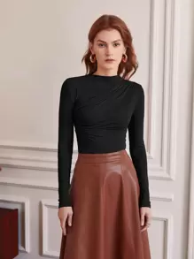 BizChic Women's Autumn Long Sleeve Stand Collar Basic Fitted Top, Minimalist Elegant Urban Commute Business Casual Office School Wear - Black - View 4