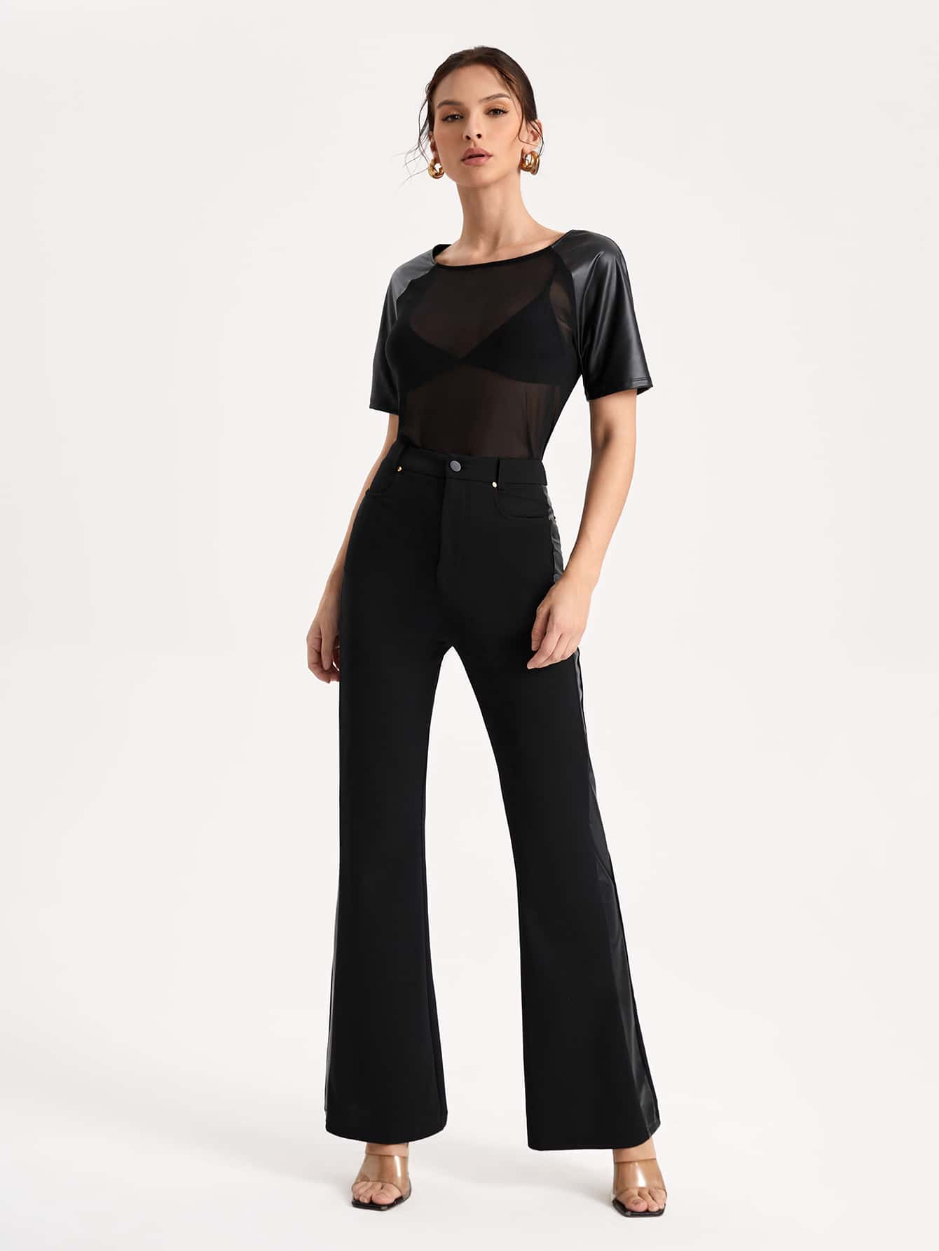 Tunica da donna in pizzo a rete ricamata floreale alla moda per uscire top aderenti trasparenti sexy a maniche lunghe sovrapposizione in rete collo a lupetto a strati fiore vedere attraverso skinny