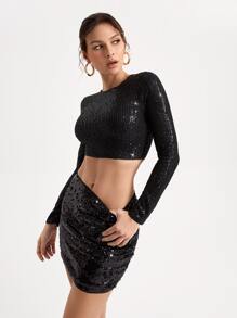 Dé Johnea Bianca 设计师纯色亮片短款上衣 - 黑色 - 查看 3