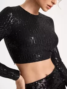 Dé Johnea Bianca 设计师纯色亮片短款上衣 - 黑色 - 查看 4