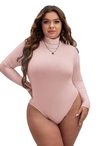 SHEIN Essnce Plus High Neck Slim Fit Tee Bodysuit, For Spring To Summer - Baby Pink - View 2
