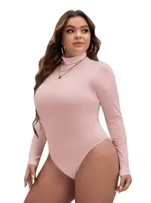 SHEIN Essnce Plus High Neck Slim Fit Tee Bodysuit, For Spring To Summer - Baby Pink - View 4