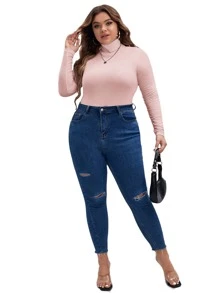 SHEIN Essnce Plus High Neck Slim Fit Tee Bodysuit, For Spring To Summer - Baby Pink - View 5
