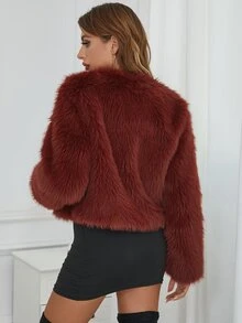 Eilly Bazar Abrigo unicolor con parte delantera abierta corto de peluche - Óxido marrón - Ver 2