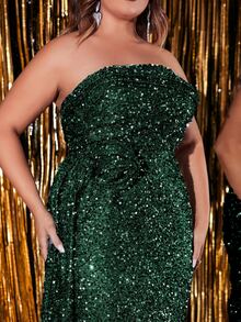 YISIKADO Plus Draped Side Mermaid Hem Sequin Tube Formal Dress - Dark Green - View 3