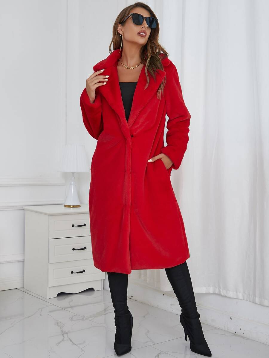 Eilly Bazar 西裝領單排釦毛茸茸外套 - 紅色 - 查看 1