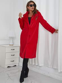 Eilly Bazar 西裝領單排釦毛茸茸外套 - 紅色 - 查看 3