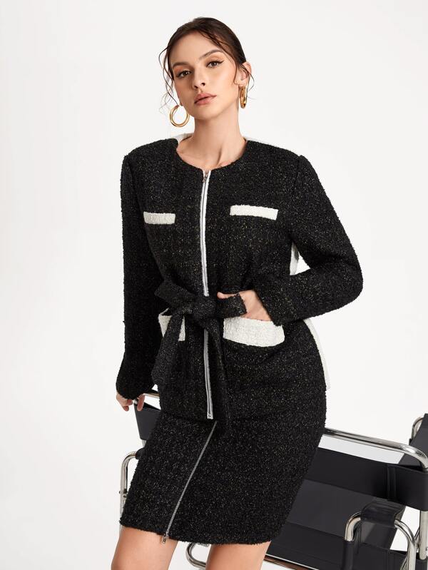 CARINA C Abrigo ribete en contraste con cinturón tweed