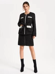 CARINA C Áo khoác ngoài nữ Thắt lưng Dây kéo Khối Màu Thanh lịch - Đen và trắng - Xem 5