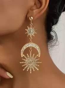 Rhinestone Sun & Moon Drop Earrings - Yellow Gold - View 1