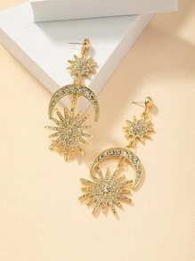 Rhinestone Sun & Moon Drop Earrings - Yellow Gold - View 2
