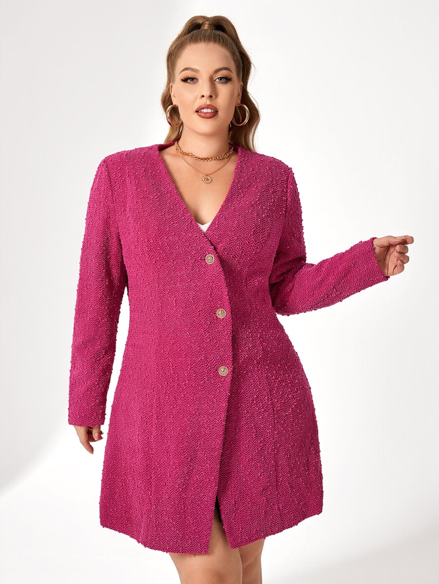 Sara Cennamo Plus Button Front Fitted Tweed Dress - Hot Pink - View 1