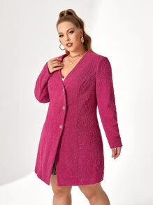 Sara Cennamo Plus Button Front Fitted Tweed Dress - Hot Pink - View 6
