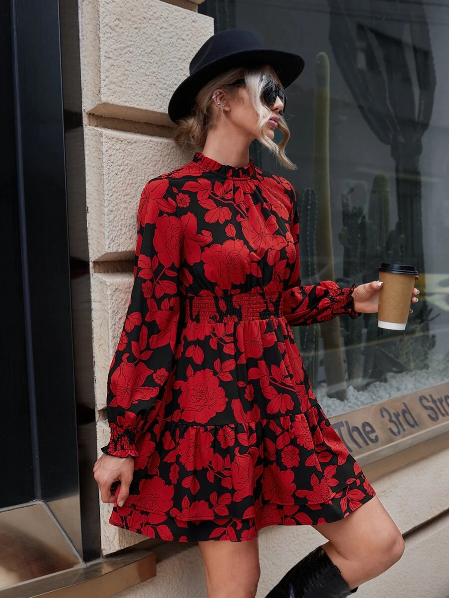 SHEIN Clasi Floral Print Flounce Sleeve Ruffle Hem Dress - Multicolor - View 1