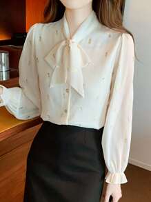 Tie Neck Flounce Sleeve Button Up Blouse - Apricot - View 1