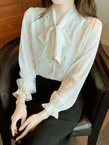 Tie Neck Flounce Sleeve Button Up Blouse - Apricot - View 4