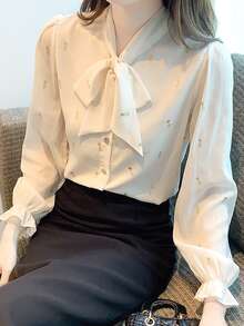 Tie Neck Flounce Sleeve Button Up Blouse - Apricot - View 5