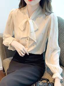 Tie Neck Flounce Sleeve Button Up Blouse - Apricot - View 6