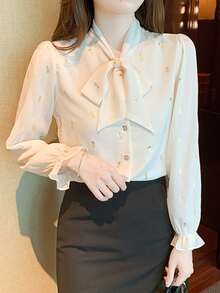 Tie Neck Flounce Sleeve Button Up Blouse - Apricot - View 7