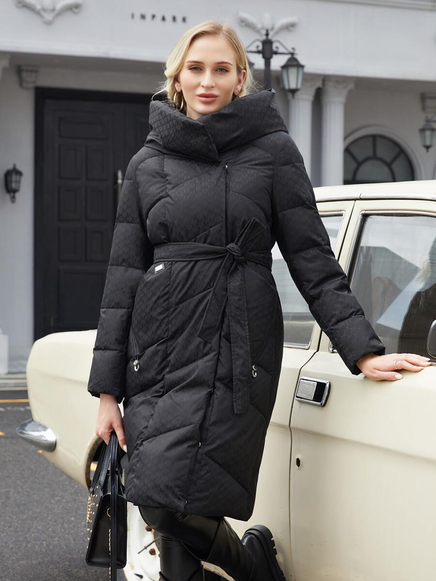 ZIAI Zip Up Hooded Belted Padded Coat - Black - View 1