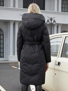 ZIAI Zip Up Hooded Belted Padded Coat - Black - View 2