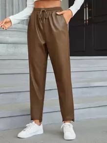 SHEIN EZwear Quần nữ Dây kéo Túi màu trơn Giải trí - Cà phê nâu - Xem 5