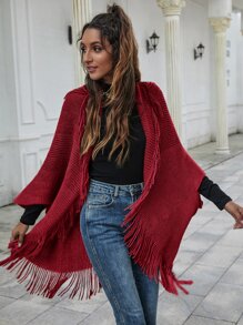 SHEIN LUNE Fringe Trim Open Front Poncho Cardigan - Red - View 1