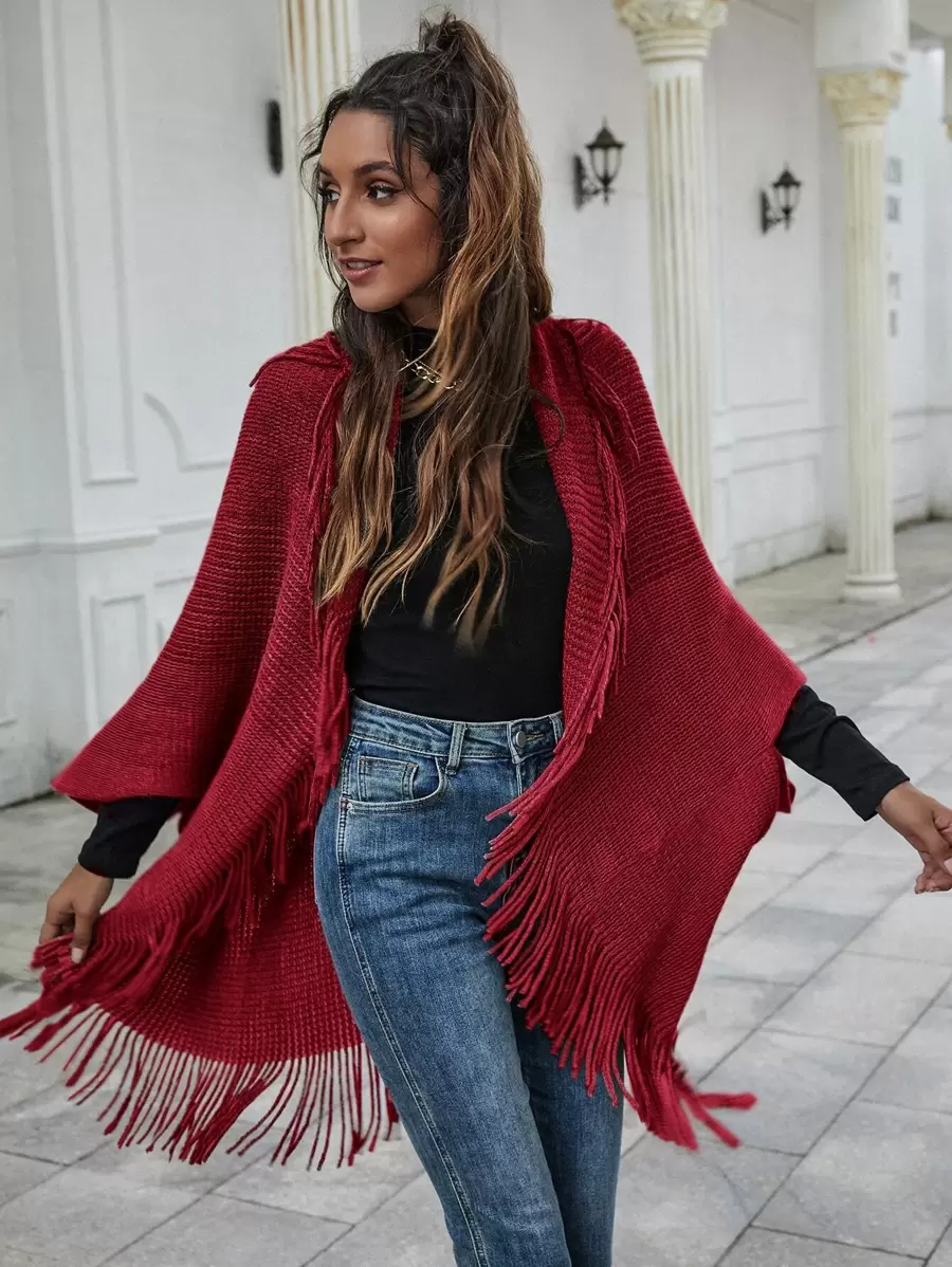 SHEIN LUNE Fringe Trim Open Front Poncho Cardigan - Red - View 1
