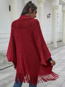 SHEIN LUNE Fringe Trim Open Front Poncho Cardigan - Red - View 2