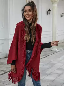 SHEIN LUNE Fringe Trim Open Front Poncho Cardigan - Red - View 4