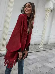 SHEIN LUNE Fringe Trim Open Front Poncho Cardigan - Red - View 5