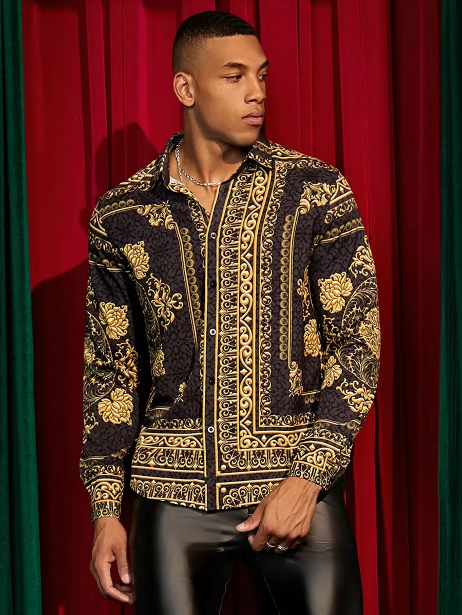 GENTILAND Áo sơ mi trễ vai in họa tiết Baroque dáng rộng cho nam - Nhiều màu - Xem 1