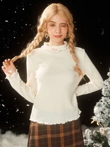 ROMWE Kawaii Christmas Solid Lettuce Trim Mock Neck Tee - White - View 2