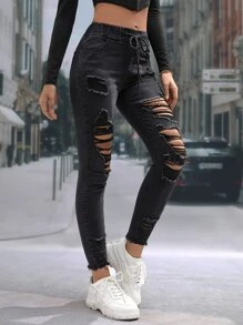 SHEIN Essnce Quần jean nữ Dây kéo Túi Hem thô Bị tách màu trơn - màu đen - Xem 1