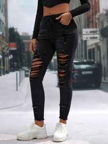 SHEIN Essnce Quần jean nữ Dây kéo Túi Hem thô Bị tách màu trơn - màu đen - Xem 4