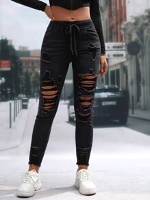 SHEIN Essnce Quần jean nữ Dây kéo Túi Hem thô Bị tách màu trơn - màu đen - Xem 5