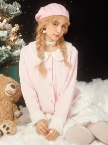 ROMWE Kawaii Christmas Fuzzy Collar Cable Knit Cardigan - Pink - View 4